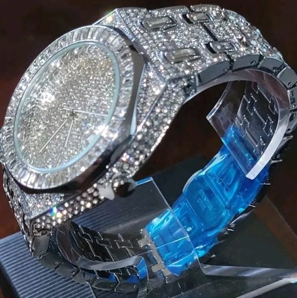 Mens Full Covered Iced Out Round & Baguette Bling Simulated Diamond Quartz Watch - Picture 2 of 13